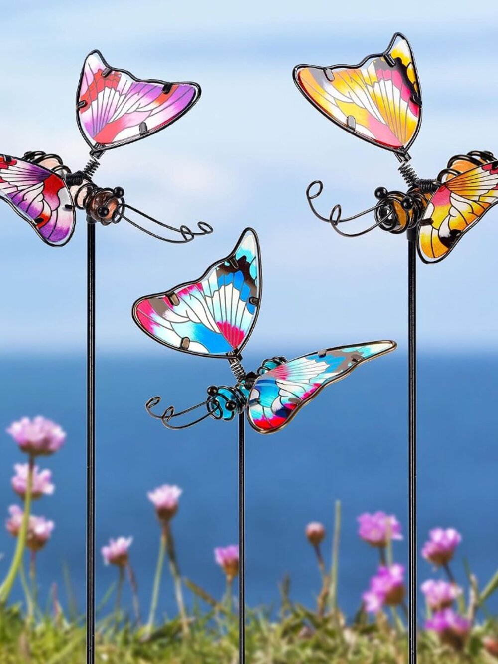Set of 3 Butterfly Garden Stake Decor, 20 Inch Colorful Butterflies Stakes, Glas